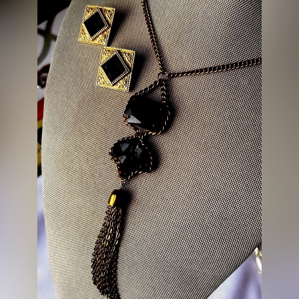 Vintage statement gold and black necklace and earrings set